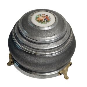 Vtg Aluminum Victorian Music Box Footed Round Vanity Powder Puff w/Mirror Works!